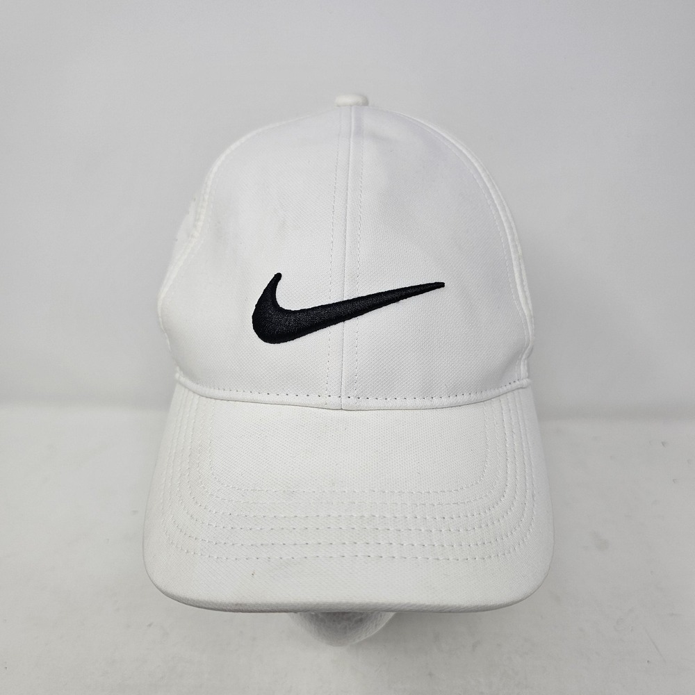 Nike Golf Hat Cap Strap Back Mens One Size White Perforated Swoosh Logo Golf